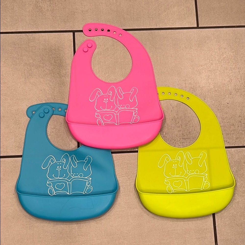 Adjustable Colorful Silicone Baby Feeding Bibs Set of 3 - blue, lime, and pink
